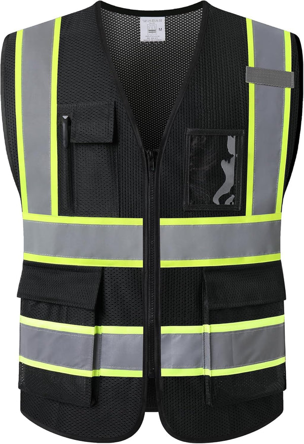 Reflective Safety Vest | High Visibility Mesh Vest with 5 Pockets & Zipper Front - Meets ANSI/ISEA Standards
