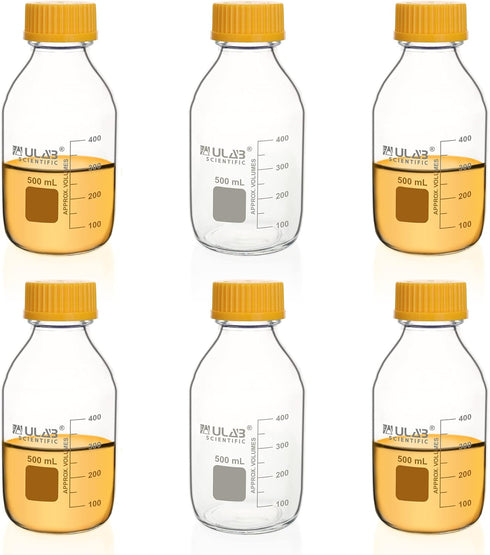 ULAB Round Media Storage Bottle, 500ml (16.9oz), 3.3 Borosilicate Glass Bottles with GL45 Screw Cap, Pack of 6