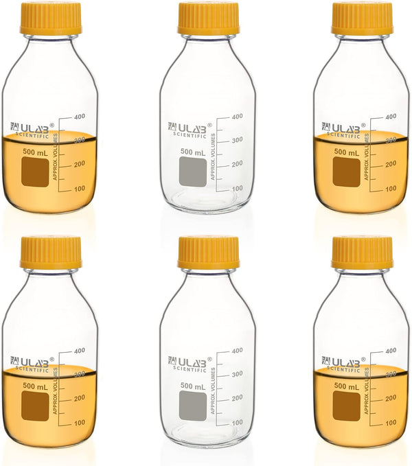ULAB Round Media Storage Bottle, 500ml (16.9oz), 3.3 Borosilicate Glass Bottles with GL45 Screw Cap, Pack of 6