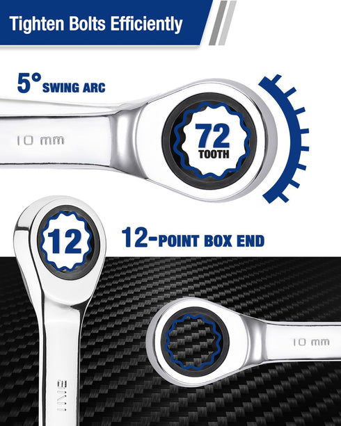 10 mm 12-Point 15-Degree Offset WORKPRO Ratcheting Combination Wrench Metric, CR-V Constructed with Mirror Polish