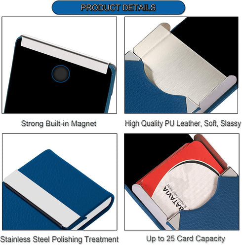 JuneLsy PU Leather Business Card Holder Case, Magnetic Shut Pocket Carrier for Men & Women, Pack of 2 (Black/Blue)