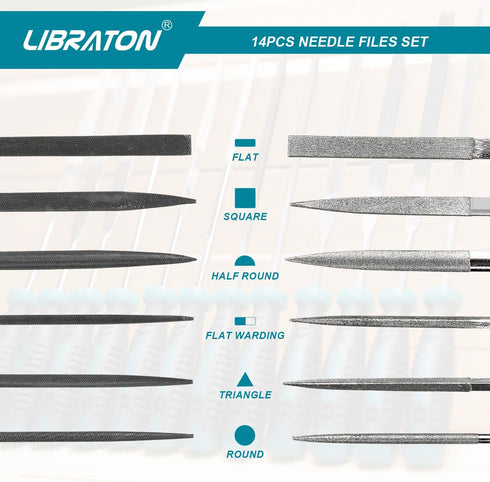 Libraton Needle File Set, 14PCS Diamond and Carbon Steel Files with Wire Cutter, Carry Bag for Soft Metal and Wood