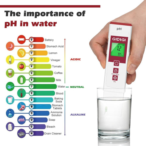 pH Meter for Water with Color Display pH Test Strip Function Pro Digital pH Level Tester ATC pH Calibration Kits Water
