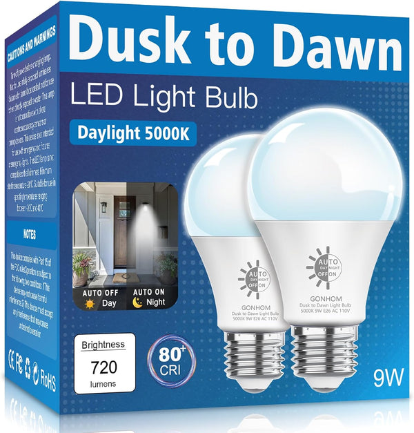 2 Pack Dusk to Dawn Light Bulbs, 5000K Daylight, 720LM, 9W (60W Equivalent) A19 E26, Automatic On/Off