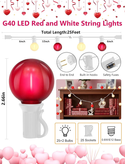 Xingzd G40 25Ft Bulbs, LED Valentines Day String Lights, Valentines Decorations Lights Outdoor with Frosted Red White