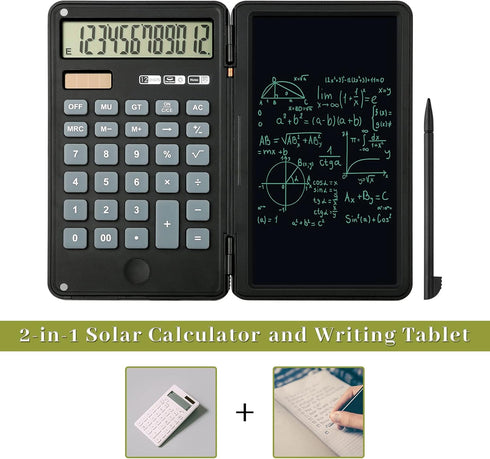 Basic Calculator, 12-Digit Premium Mute Desktop Calculator with 6 inch Writing Tablet, Solar and Battery Dual Power