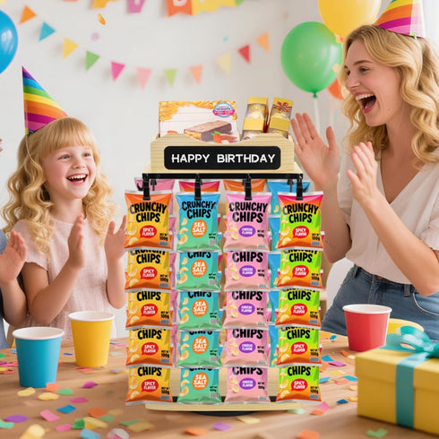 360 2 48 Counter Chip Rack Display Stand, Rotating Base Chip Bag Holder with Message Board, Tier Clips Snack Organizer