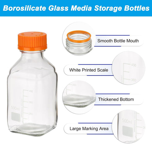 PATIKIL 2 Pack Reagent Media Storage Bottles, 500ml Borosilicate Glass Square Graduated Round Bottles, Clear