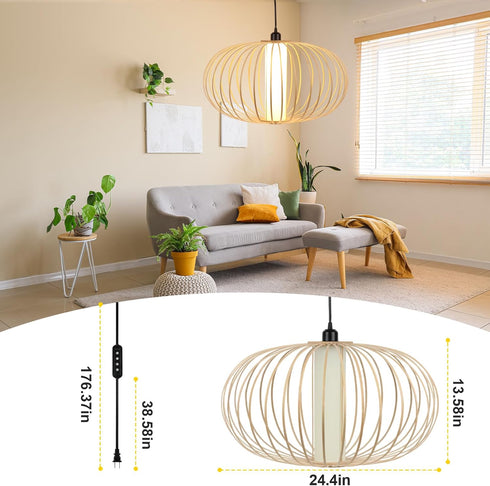 3-Way Dimmable Timmer Setting LALISU Plug-in Pendant Light Rattan Hanging Lamp, Boho Hanging Lights with Woven