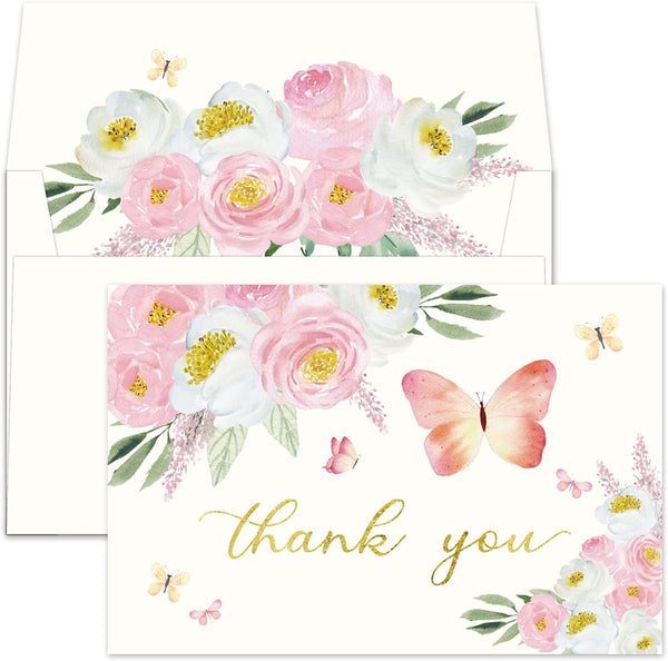 Gooji 4x6 Butterfly Pink Floral Thank You Cards with Envelopes (Bulk 20-Pack)