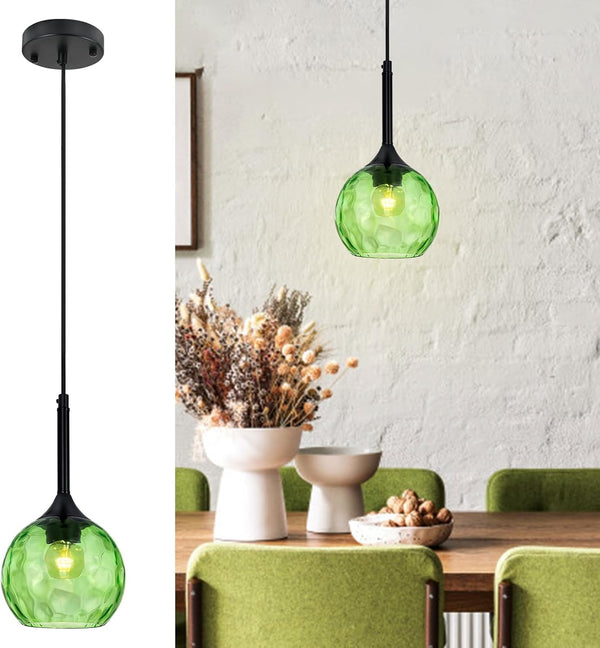 JHLBYL Glass Pendant Lights Kitchen Island: 5.91'' 1-Light Green Hammered Glass Pendant