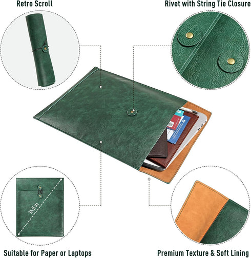 Green A4 PU Leather File Folders - 3PCS Document Organizer with String Tie Closure, Laptop Sleeve Notebook Case