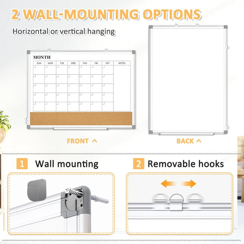 Large Dry Erase Calendar for Wall, 36"x24" Double-Sided Magnetic Whiteboard Calendar with Cork Board