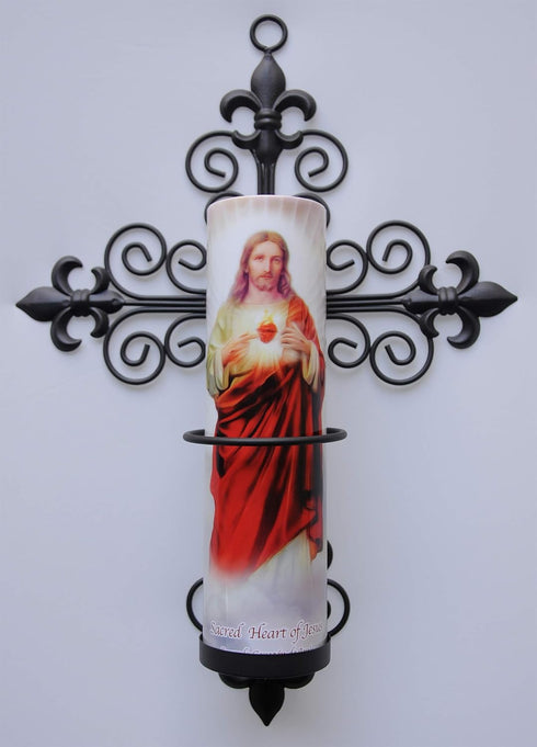 8" 2.375" 14" 9.5" 3.25" Fleur-de-lis Cross Wall Sconce with Candle Safety Guard Ring for All x Flame, Flameless or LED