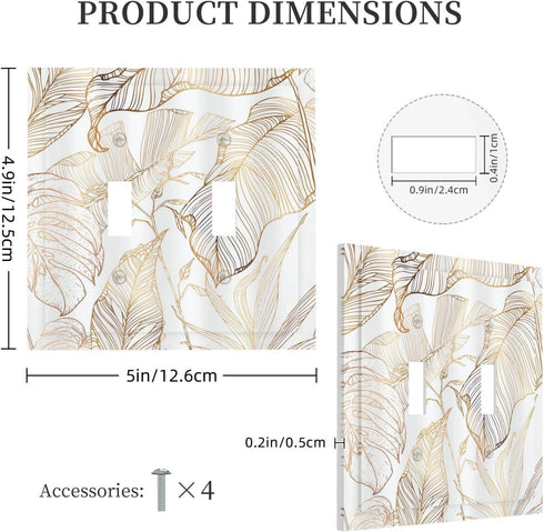 2 White Gold Tropical Palm Leaves Banana Leaf Double Toggle Light Switch Cover Decorative Gang Wall Plate Electrical