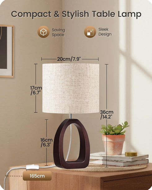14.2" E26 Bulb STE07TL05 Small Table Lamp, Cute Little Desk Lamp, Wood Bedside Lamp with Beige Linen Lampshade & Dark