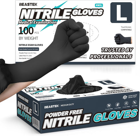 Medical Nitrile Exam Gloves, Powder-Free, Latex-Free, Non-Sterile, Food Safe, 4 mil, 100 Pcs