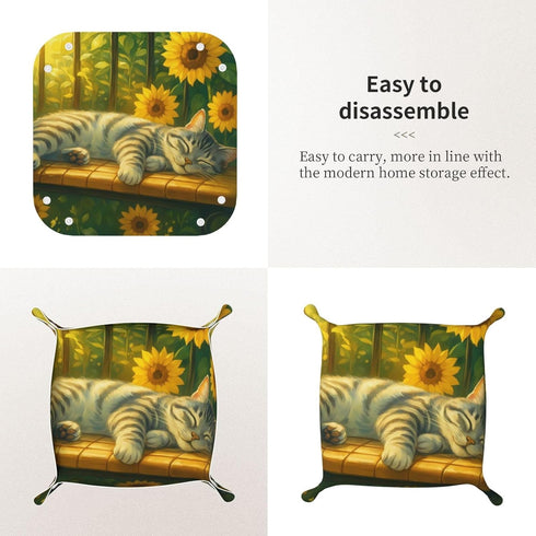 KKdskkds Sleeping Cat On Sunshie Bench Sunflowers Personalized Fun Leather Storage Tray Desktop Organizer Decorative