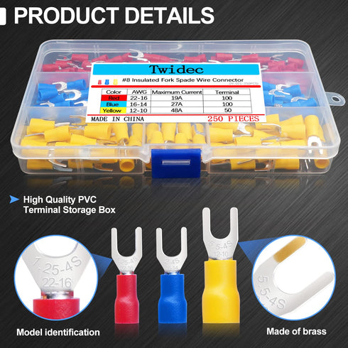 Twidec 250PCS Insulated Fork Spade Wire Connector Assortment Kit, 22-16/16-14/12-10 Gauge #8 Quick Splice Crimp