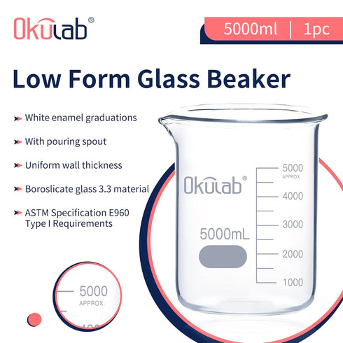 5000mL Low Form Glass Beaker, Graduated 3.3 Borosilicate Glass for Lab, Classroom, Craft, Kitchen, BKLG5000A1