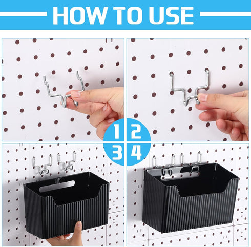 Suzile 4 Pcs Pegboard Bins Set | 7.9 x 3.3 x 4.7'' Plastic Containers with Metal Hooks for Organizing Storage Tools