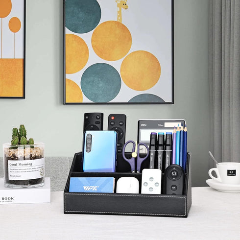 KINGFOM Pu Leather Desk Organizer with 5 Compartments for Office Supplies, Black