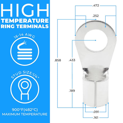 High-Temperature Ring Terminals, 16-14 AWG Wire Size, 1/4" Stud Size, Nickel Plated Steel, Pack of 100 Pcs, OL-05384