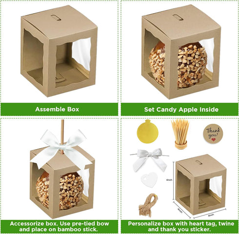 A & H Legacy Pack 12 4x4x4 Inch Packaging Candy Apple Boxes With Hole | of White Glossy Caramel Apple Supplies | Kit