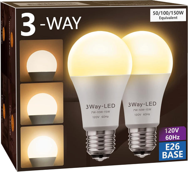 Briignite 3 Way LED Light Bulbs, 50 100 150W Equivalent, A19 E26 Medium Base, Warm White 3000K, 2 Pack