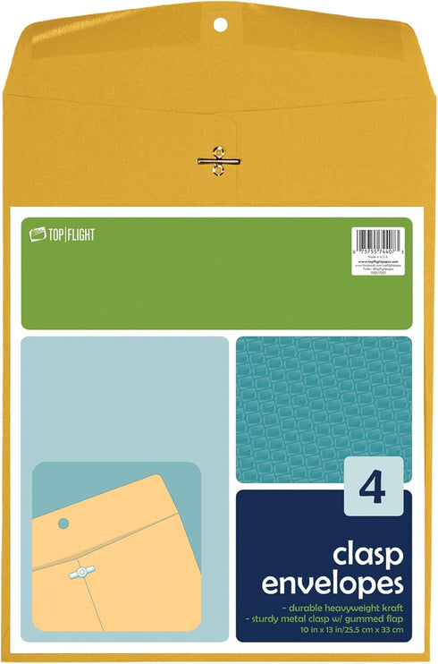 Top Flight Clasp Envelopes, Gummed and Clasped Closure, 10 x 13 Inches, Brown Kraft, 4 Envelopes per Pack (6911021)