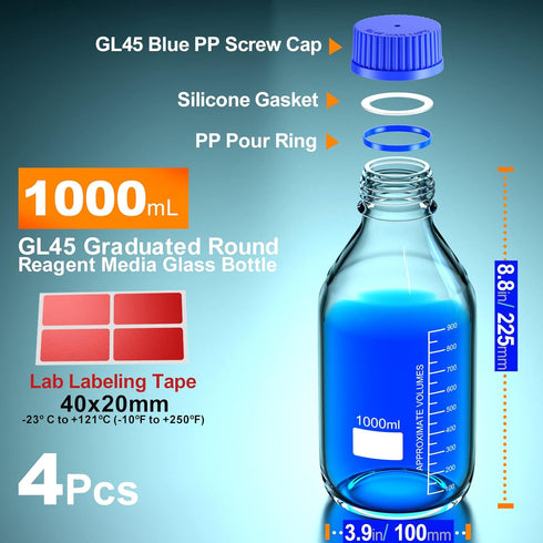 GL25 25ml, GL32 50ml, GL45 100ml, 250ml, 500ml, 1000ml Round Media Storage Glass Bottles with Blue Screw Cap