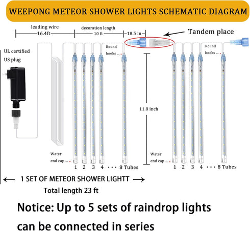 12 Inch 8 Weepong Meteor Shower Lights Outdoor Christmas Lights UL Certified Falling Rain Drop Snowfall Icicle