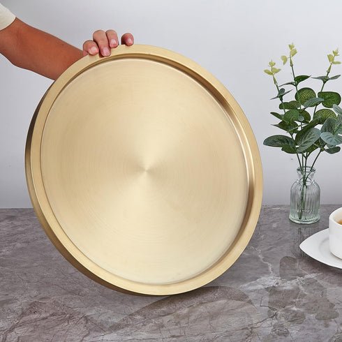 12.5",Double Stainless Steel Round Bar Serving Tray Wall,Ideal Coffee Table, Decorative,Rotisserie Plate, Tea