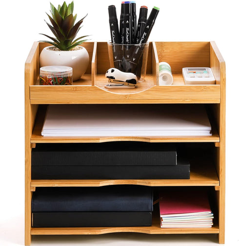 DEAYOU Bamboo Desk File Organizer, 13" Document Letter Tray Sorter with 2 Adjustable Shelves, 4 Tier Mail Organizer