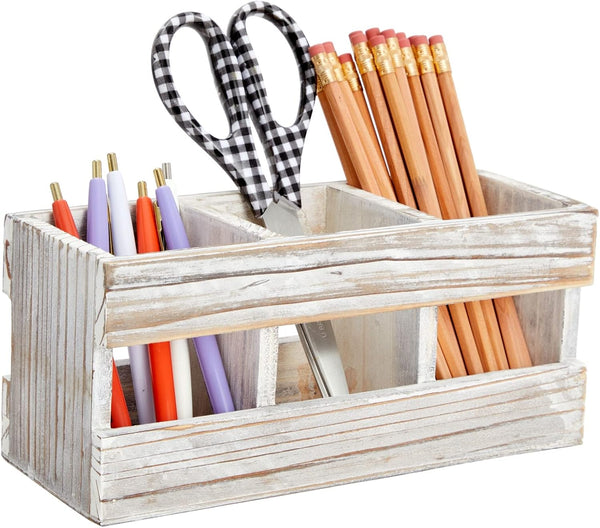 Juvale Rustic-Style Wooden Desk Pencil Holder with 3 Compartments for Office Accessories and Farmhouse Decor