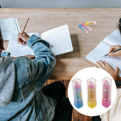 SAFIGLE 3pcs Kids Stationary Korean Novelty Erasers, Cute Cartoon Pencil Lipstick Fruit Pattern Rubber Pen