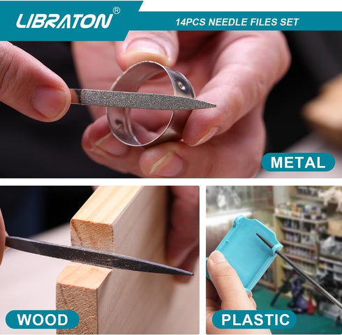 Libraton Needle File Set, 14PCS Diamond and Carbon Steel Files with Wire Cutter, Carry Bag for Soft Metal and Wood