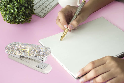 TISHAA Bling Crystal Rhinestone Full Size Stapler for Work, Office (White Base)