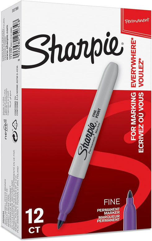 Sharpie Permanent Markers, Fine Point, Purple, Box of 12 for Various Marking Needs