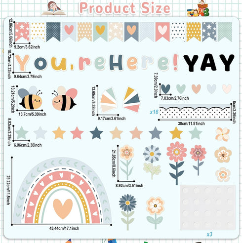 Yay You are Here Bulletin Board Set Boho Rainbow Cutouts Classroom Bulletin Board Borders Decoration Welcome Bulletin Board Sign for School Teacher Chalkboard Wall Back to School Supplies by ojustbeok
