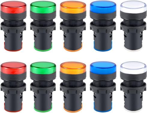 LED Indicator Light AC/DC 12V 20mA Flush Panel Mount, 10 Pcs in Red, Green, Blue, Yellow, White