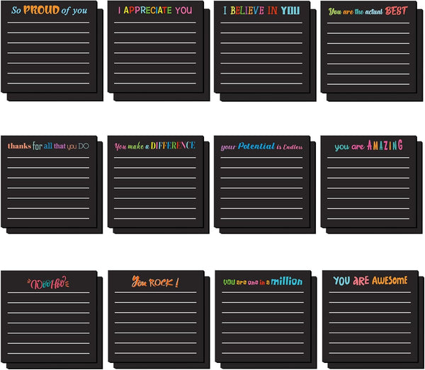 Yinder 24 Pcs Inspirational Sticky Notes | Cute Motivational Pad for Coworkers & Office Supplies | 3 x 3'' (Black)