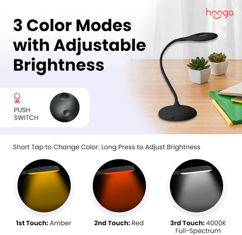 3 1600K, 4000K, Dimmable, hooga Desk Lamp, Blue Light Blocking, Modes: Amber Red, Full-Spectrum Rechargeable, Eye