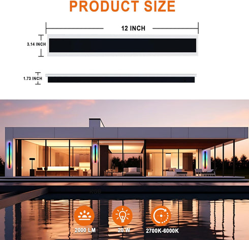 1PC 12In IP66 (1Pack) ASLONG LED RGBW Wall Light with APP Control, Waterproof Smart RGB LED Wall Mount Lighting