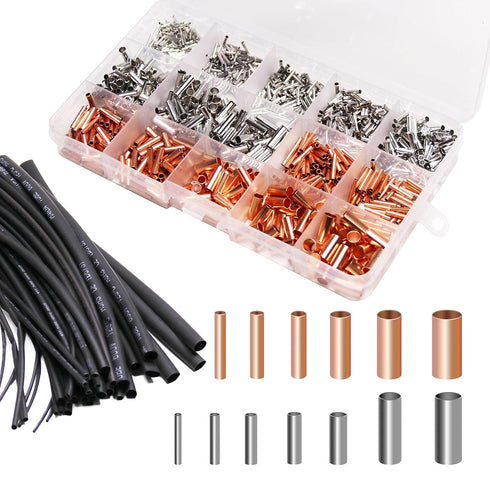 970Pcs Wire Ferrules Kit Tinned Copper Crimp Connector Non Insulated Electrical Cable Pin Terminal Assortment Kit