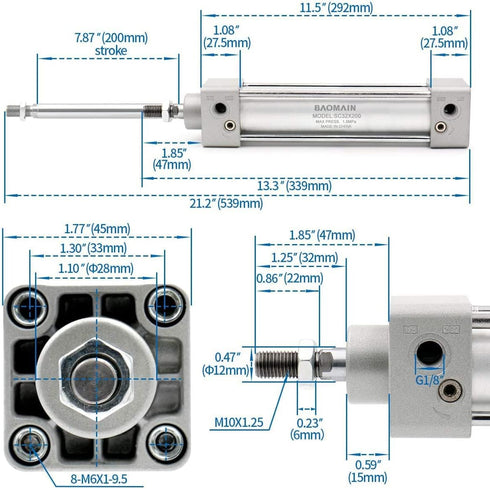 Baomain Pneumatic Air Cylinder SC 32-200, 32mm Bore, 200mm Stroke, Dual Action (1PCS)