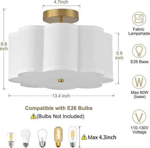 13.3"Semi 3-Light Flush Mount Ceiling Light Fixture, Modern Close to Ceiling Light With Fabric Flower-Shaped Shade