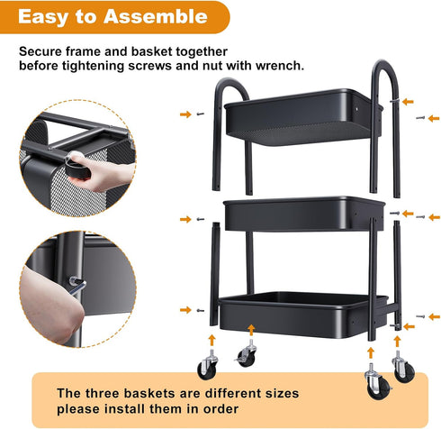 Rcemlip 3 Tier Black Rolling Cart Metal with Wheels, Basket, Cups & Hooks, Three Tier Utility Carts on Wheels, Can