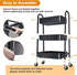 Rcemlip 3 Tier Black Rolling Cart Metal with Wheels, Basket, Cups & Hooks, Three Tier Utility Carts on Wheels, Can