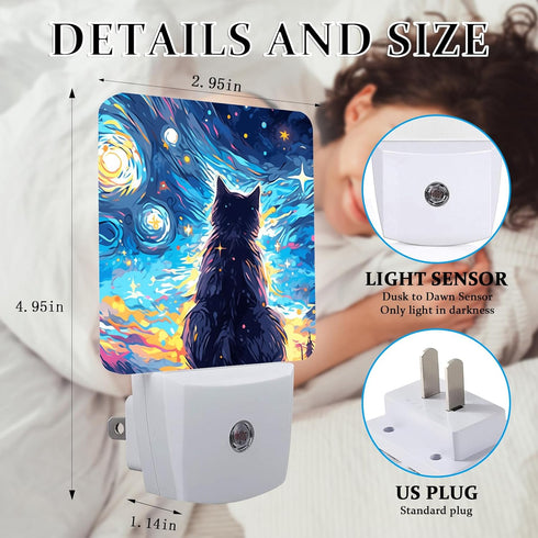 0.5W Black Cat Night Light, Plug-into Wall Starry Night Nightlight Lamp with Dusk to Dawn Sensor, Led Lamp Energy